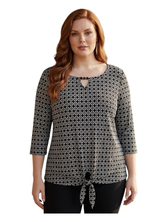 Kim Rogers Tops - Kim Rogers Black & White Geometric Tie-Front Top